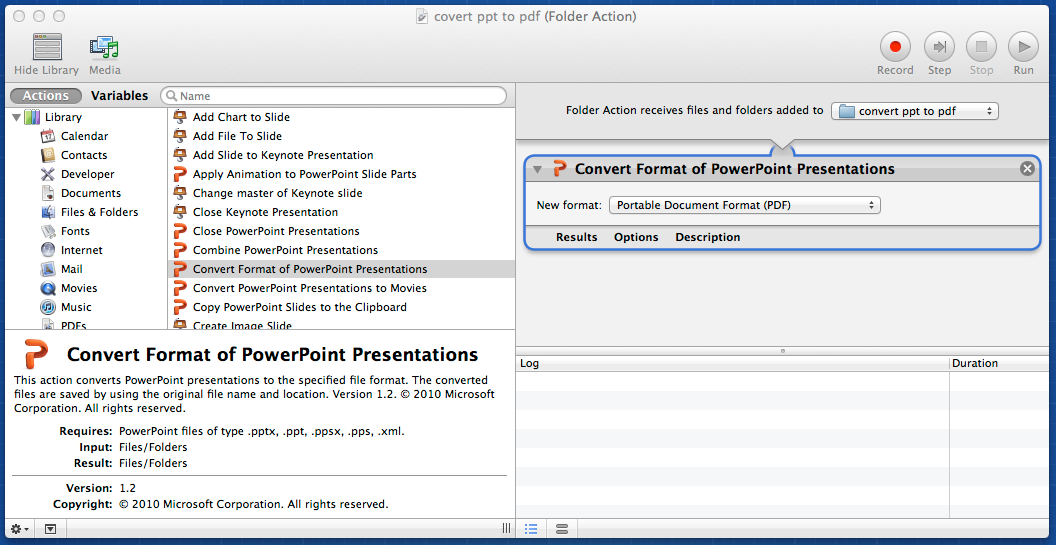 'Convert PPT to PDF' Automator workflow